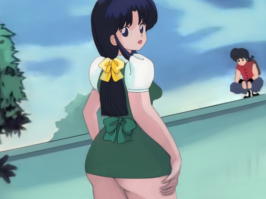 1girl, ass, ass_focus, highres, looking_at_viewer, nice_(artist), nicee, non-web_source, panties, pantyshot, ranma_1/2, saotome_ranma, school_uniform, source_request, striped_clothes, striped_panties, tendou_akane, underwear, white_panties