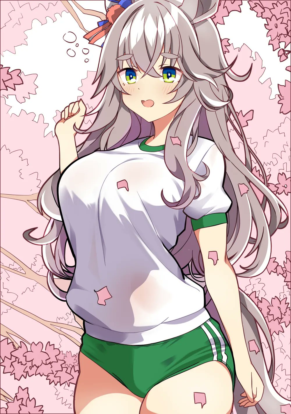 1girl, animal_ears, arm_at_side, bow, breasts, brown_hair, buruma, cowboy_shot