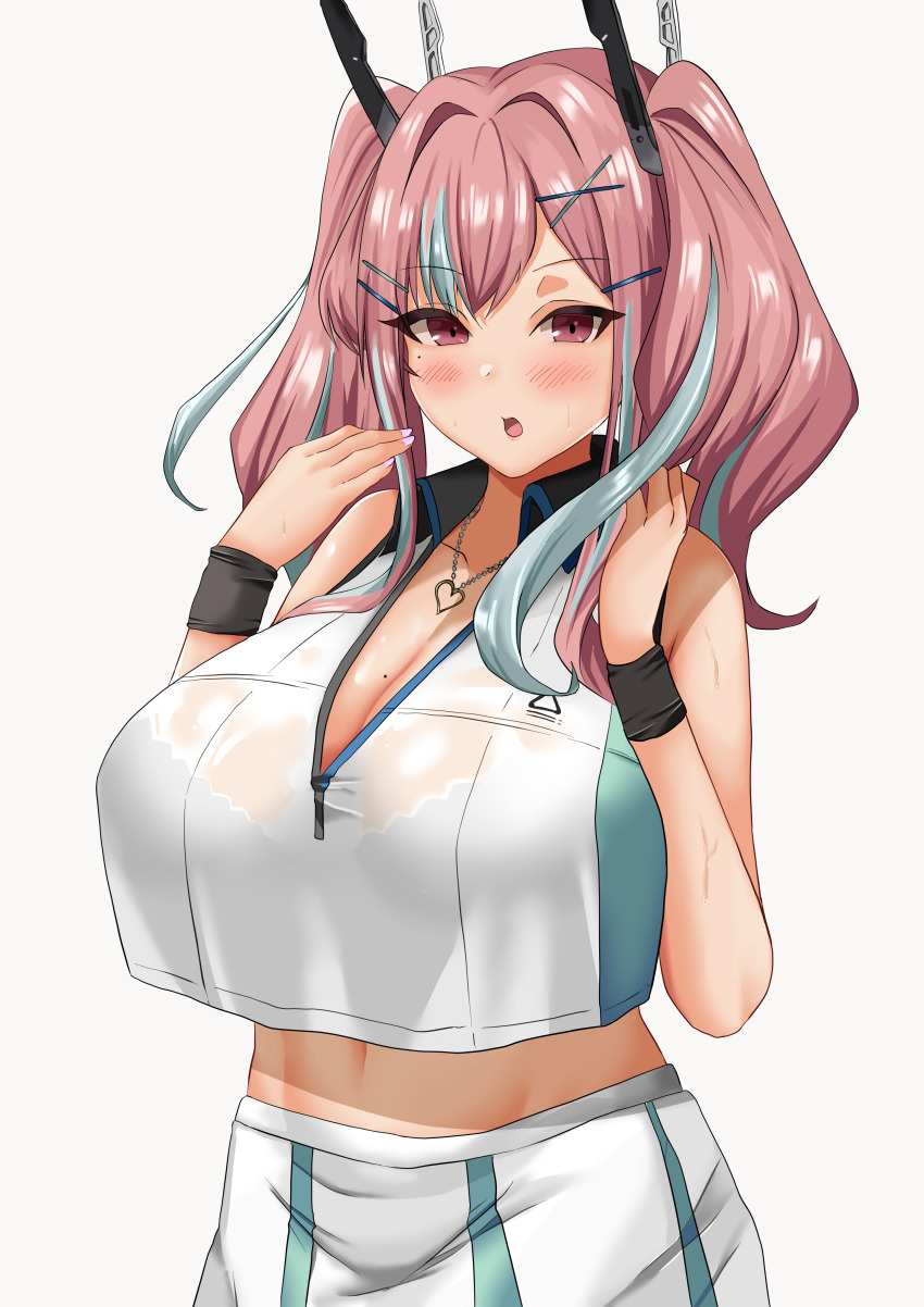 1girl, :o, absurdres, azur_lane, bare_shoulders, blush, bra_visible_through_clothes, breasts