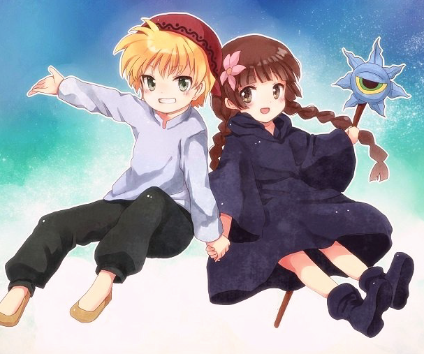 1boy, 1girl, bandana, black_pants, black_robe, blonde_hair, blunt_bangs, blush
