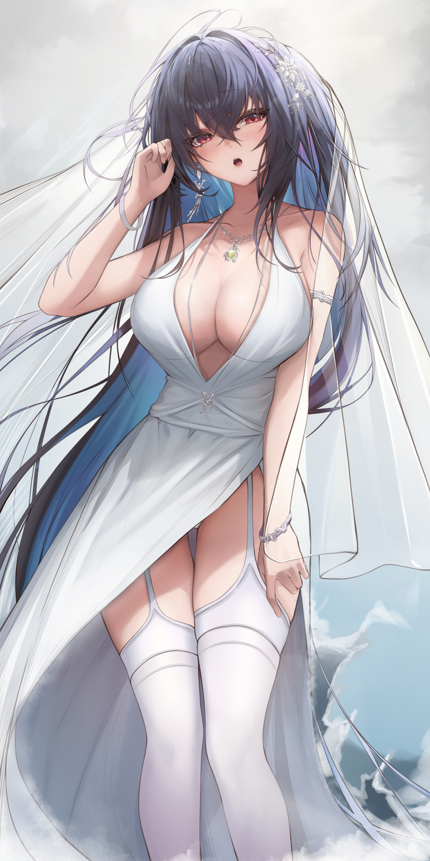 1girl, :o, absurdres, azur_lane, bare_shoulders, black_hair, bracelet, breasts, cleavage, cocktail_dress, colored_inner_hair, dress, earrings, feet_out_of_frame, garter_straps, hair_ornament, halterneck, hand_up, highres, jewelry, large_breasts, long_dress, long_hair, looking_at_viewer, multicolored_hair, necklace, no_bra, nootak, official_alternate_costume, open_mouth, panties, panty_peek, red_eyes, side_slit, sleeveless, sleeveless_dress, solo, spaghetti_strap, standing, taihou_(azur_lane), taihou_(temptation_on_the_sea_breeze)_(azur_lane), thighhighs, thighs, underwear, veil, very_long_hair, white_dress, white_thighhighs, wristband