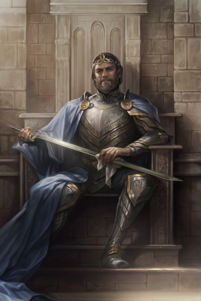 1boy, absurdres, armor, artist_request, atomhawk, beard, blue_cape, blue_eyes, brown_hair, cape, circlet, european_clothes, facial_hair, highres, holding, holding_sword, holding_weapon, indoors, looking_at_viewer, short_hair, solo, stone_wall, sword, the_elder_scrolls, the_elder_scrolls:_legends, the_elder_scrolls_legends, vambraces, wall, weapon