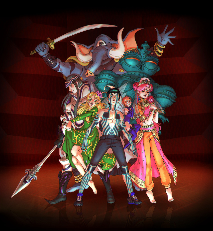 3girls, 4boys, :<, absurdres, arahabaki_(megami_tensei), armor, asian_indian_clothes, barefoot, black_hair, blonde_hair, closed_eyes, clothes_lift, cu_chulainn_(megami_tensei), demi-fiend, demon, demon_(megami_tensei), demon_boy, digital_devil_saga, dress, dress_lift, earrings, elephant, fairy, fairy_wings, fighting_stance, floating, flower, girimehkala, green_dress, green_eyes, grey_eyes, hair_flower, hair_ornament, highres, holding, holding_polearm, holding_sword, holding_weapon, jewelry, leotard, looking_at_viewer, looking_down, multiple_boys, multiple_girls, one-eyed, parvati_(megami_tensei), pink_flower, pink_hair, pixie_(megami_tensei), polearm, reflective_floor, shin_megami_tensei, shin_megami_tensei_iii:_nocturne, shoes, shorts, smile, sneakers, spear, standing, statue, stella_violari, sword, tattoo, thighhighs, tiara, titania_(megami_tensei), topless_female, topless_male, weapon, wings, yellow_eyes