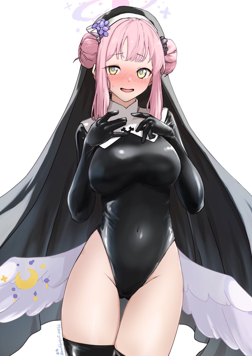 black_bodysuit, black_leotard, black_veil, blue_archive, blush, bodysuit, breasts, double_bun, habit, hair_bun, halo, highres, justina_follower_(blue_archive), large_breasts, latex, latex_leotard, latex_thighhighs, leotard, long_hair, looking_at_viewer, low_wings, mika_(blue_archive), nun, nun_headdress, pink_hair, sidelocks, thighhighs, umibudou, veil, wings, yellow_eyes