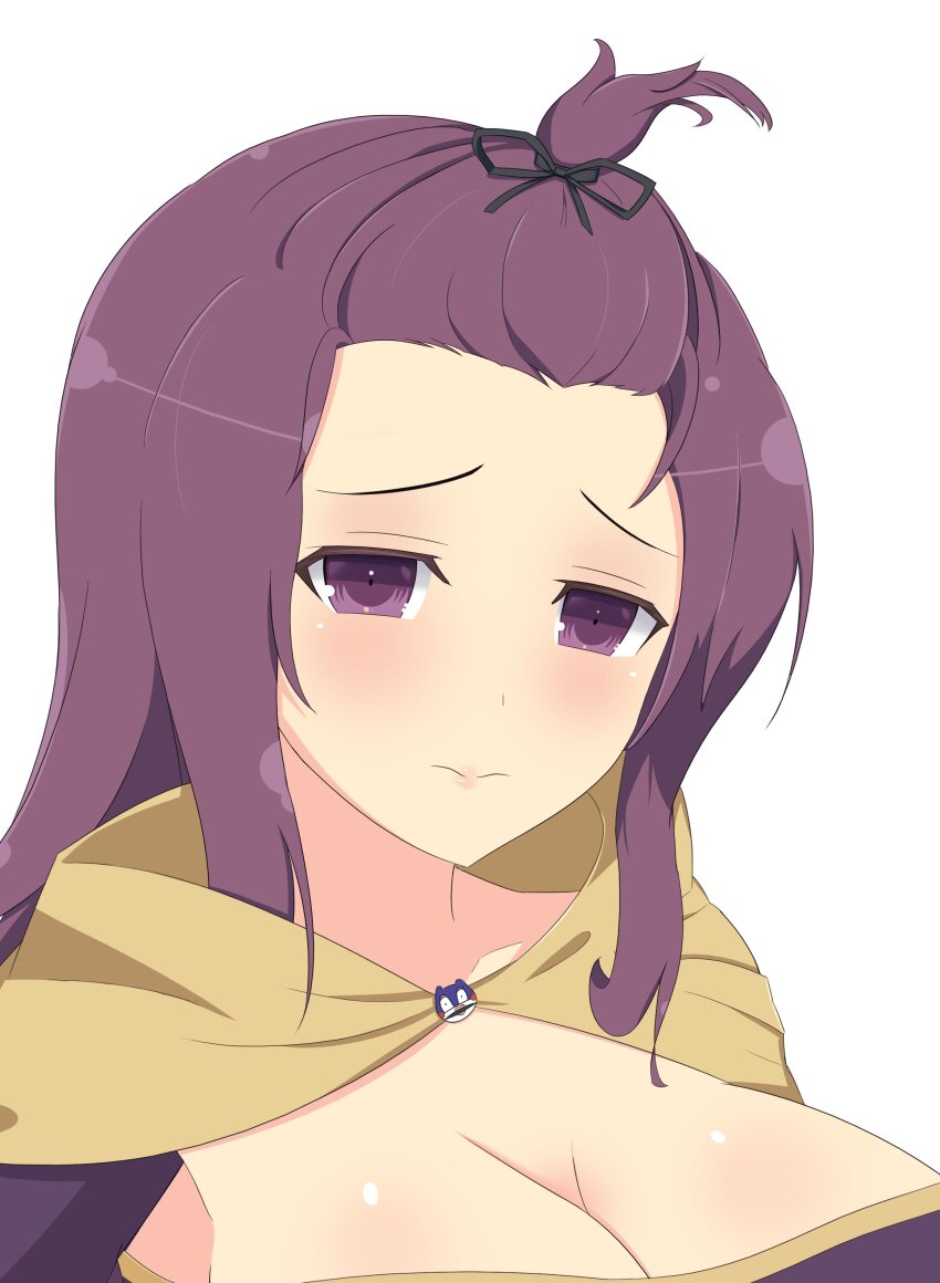 1girl, absurdres, bernadetta_von_varley_(cosplay), blush, breasts, cape, cosplay, fire_emblem, fire_emblem:_three_houses, hairband, highres, large_breasts, looking_at_viewer, lughost, murasaki_(senran_kagura), nintendo, portrait, purple_eyes, purple_hair, senran_kagura, senran_kagura_estival_versus, white_background