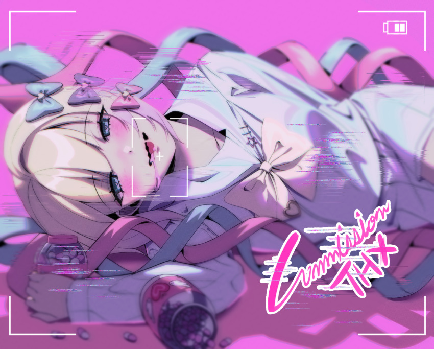 1girl, battery_indicator, blue_bow, blue_eyes, blue_hair, blush, bow, chouzetsusaikawa_tenshi-chan