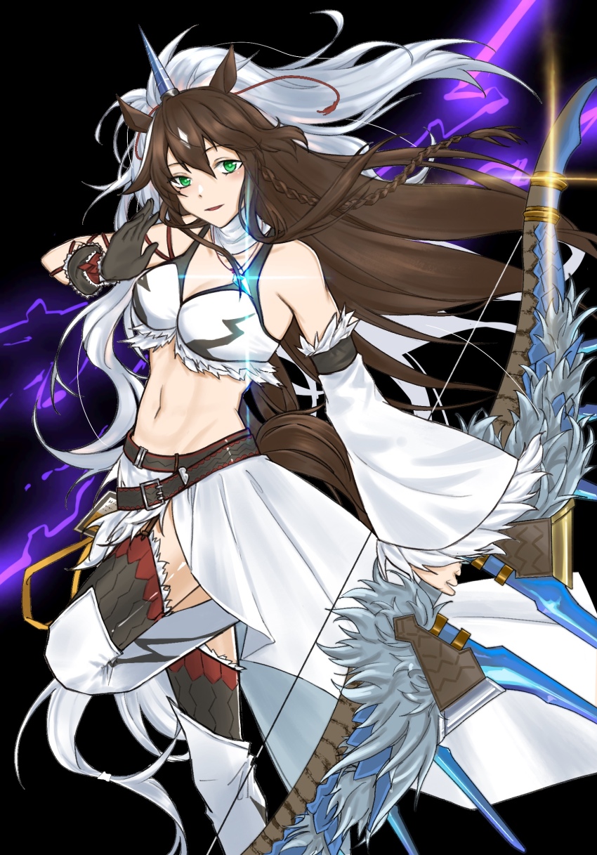 1girl, :d, animal_ears, arknights, bare_shoulders, black_gloves, bow_(weapon), breasts