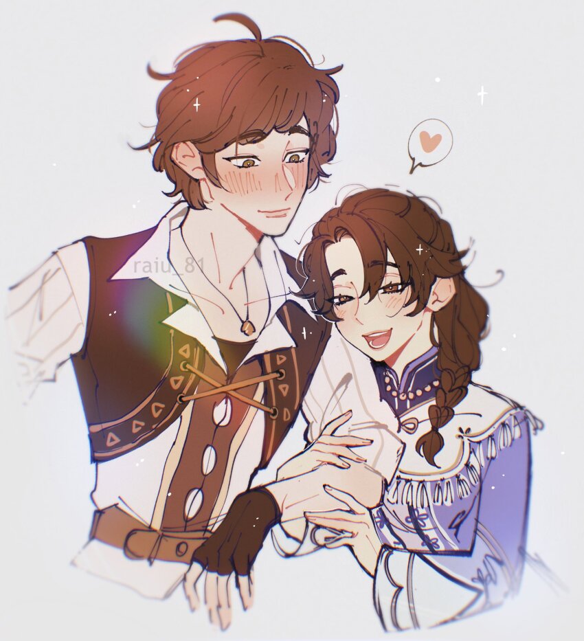 1boy, 1girl, artist_name, blush, braid, brown_eyes, brown_hair, dress