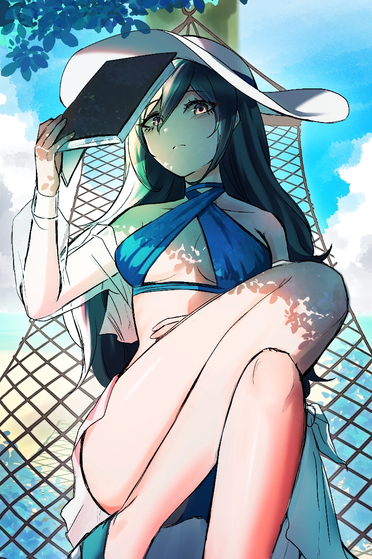 alternate_costume, ass, bare_shoulders, bikini, black_bikini, black_hair, blue_bikini, book