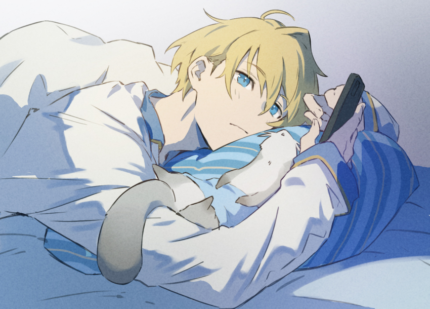 1boy, blanket, blonde_hair, blue_eyes, closed_mouth, ferret, hair_between_eyes, hiyamaru