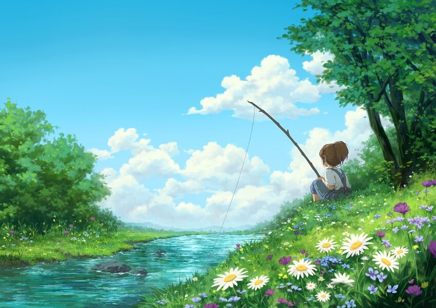 1girl, blue_flower, blue_pants, blue_sky, brown_hair, bush, child, cloud