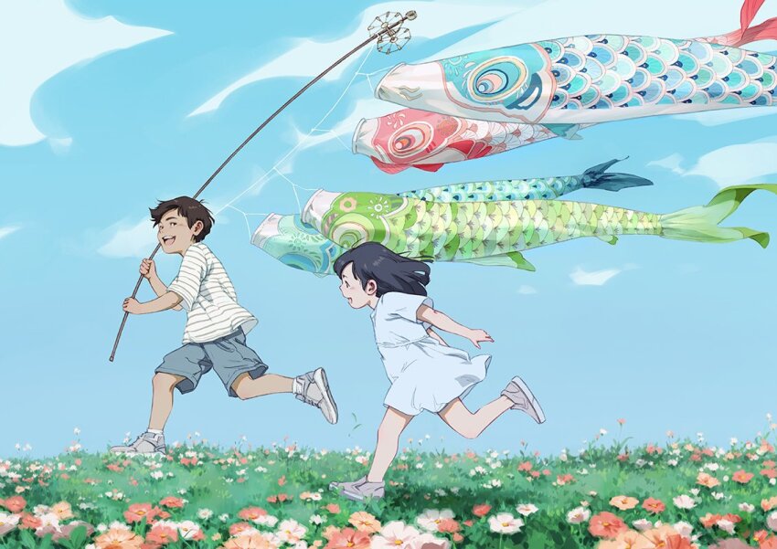 1boy, 1girl, :d, black_hair, blue_dress, blue_shorts, blue_sky, brown_hair