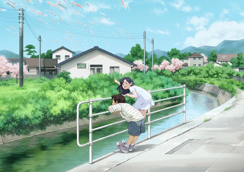 1boy, 1girl, :d, arm_up, black_hair, blue_dress, blue_shorts, blue_sky