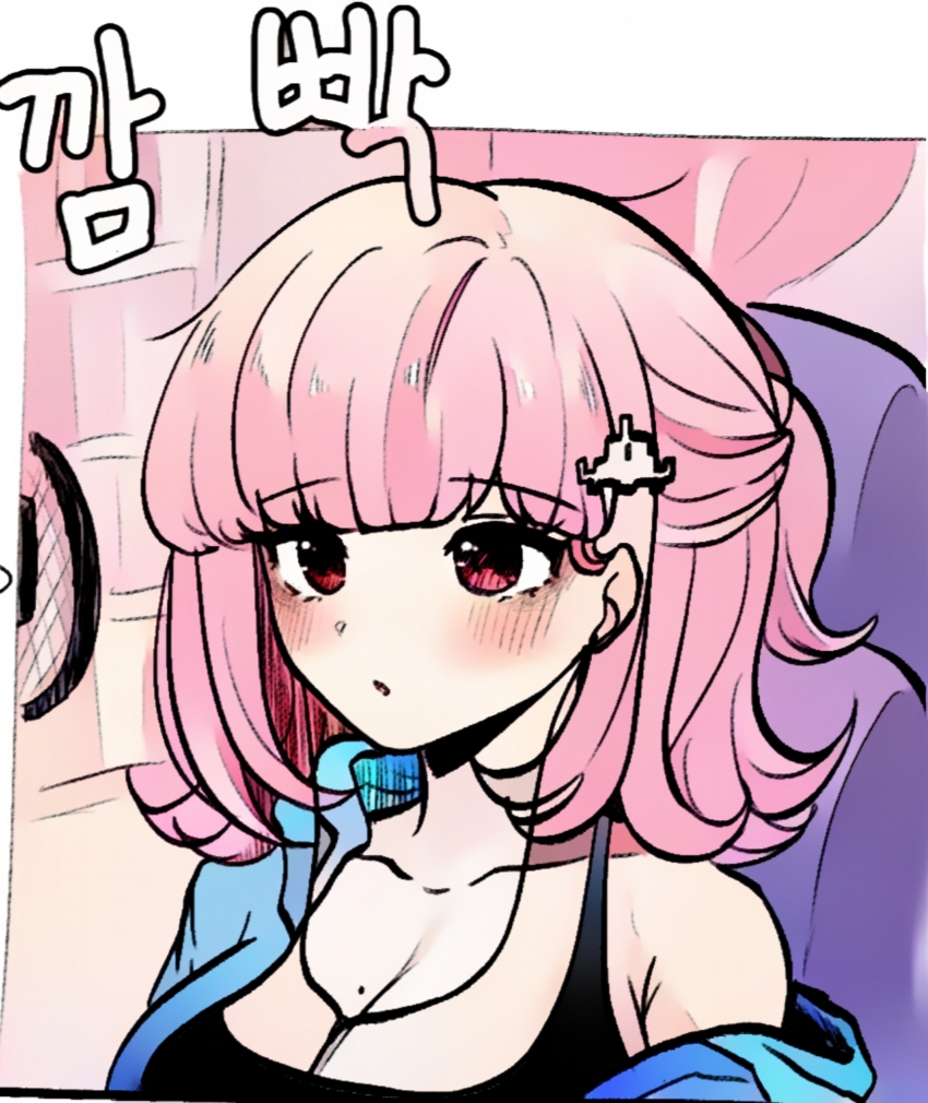 1girl, blunt_bangs, blush, breasts, chair, cleavage, collarbone, danganronpa_(series)