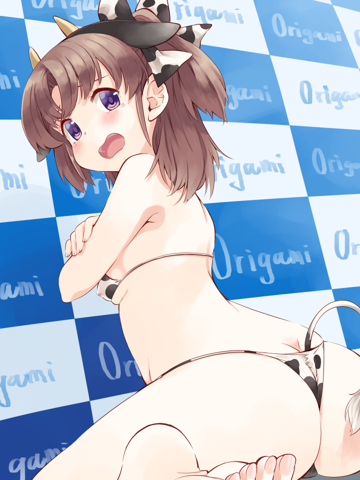 1girl, animal_ears, animal_print, ass, barefoot, blush, breasts, brown_hair, butt_crack, checkered_background, cow_ears, cow_girl, cow_horns, cow_print, cow_tail, embarrassed, fake_animal_ears, fake_horns, from_behind, furrowed_brow, hair_ribbon, hand_on_own_chest, horns, inami_suu, looking_back, medium_hair, open_mouth, parted_bangs, purple_eyes, ribbon, sideboob, sitting, small_breasts, sofmap_background, solo, step_and_repeat, tail, takano_natsuki, toes, toji_no_miko, wariza