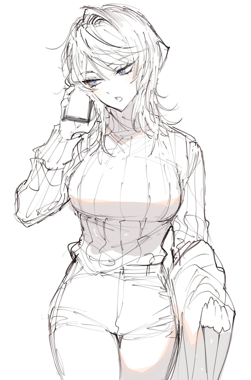 1girl, blue_eyes, breasts, cellphone, faust_(project_moon), greyscale, highres, holding, holding_phone, large_breasts, limbus_company, long_sleeves, looking_to_the_side, medium_hair, monochrome, open_mouth, pants, phone, project_moon, remsrar, simple_background, sketch, solo, spot_color, sweater, turtleneck, turtleneck_sweater, zwei_association_south_uniform