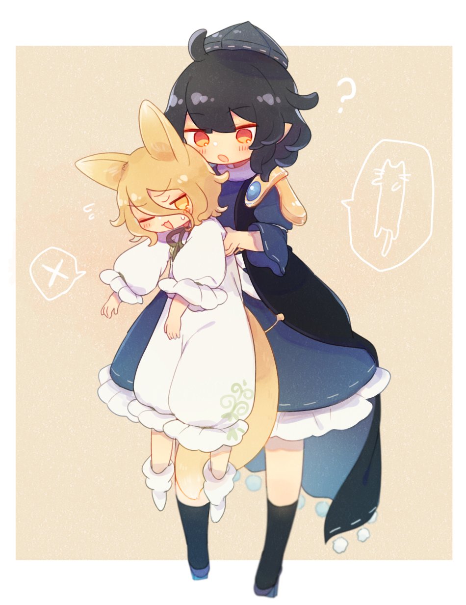 2girls, :o, ;d, animal_ears, ashiyu_(ashu-ashu), black_cape, black_hair, black_socks, blonde_hair, blue_dress, blue_footwear, blue_headwear, blush, cape, commentary, dress, fox_ears, fox_tail, geta, green_ribbon, hat, height_difference, highres, iizunamaru_megumu, kudamaki_tsukasa, lifting_person, long_sleeves, longcat_(meme), meme, multiple_girls, neck_ribbon, one_eye_closed, open_mouth, red_eyes, ribbon, romper, shoes, short_hair, smile, socks, spoken_x, sweatdrop, tail, tengu-geta, tokin_hat, touhou, white_footwear, white_romper, yellow_eyes