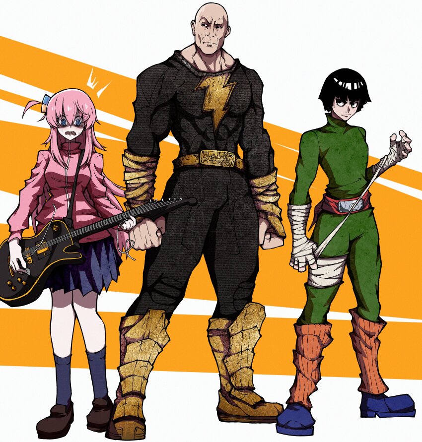 1girl, 2boys, absurdres, bald, bandaged_arm, bandages, black_adam, black_adam_(movie)