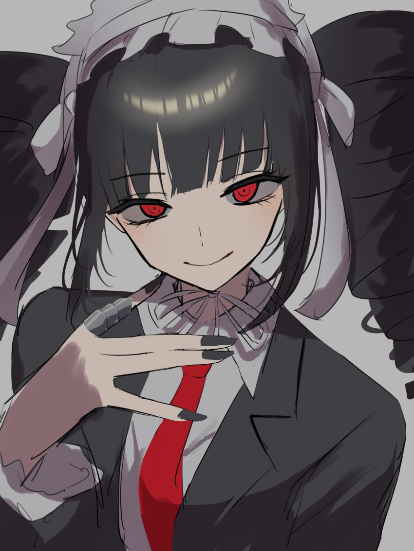 1girl, absurdres, black_hair, black_nails, bonnet, celestia_ludenberg, claw_ring, collared_shirt