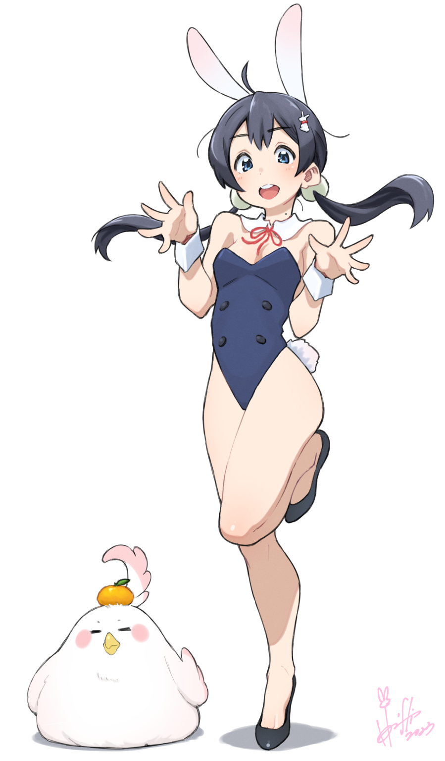 1girl, adapted_costume, animal_ears, bare_legs, bird, black_footwear, black_hair, blue_eyes, blue_leotard, commentary_request, dera_mochimazzui, detached_collar, food, food-themed_hair_ornament, food_on_head, fruit, fruit_on_head, high_heels, highres, hori_shin, kitashirakawa_tamako, leotard, long_hair, looking_at_viewer, low_twintails, mandarin_orange, mochi_hair_ornament, neck_ribbon, object_on_head, open_mouth, playboy_bunny, rabbit_ears, rabbit_tail, red_ribbon, ribbon, round_teeth, simple_background, smile, tail, tamako_market, teeth, twintails, upper_teeth_only, white_background, wrist_cuffs