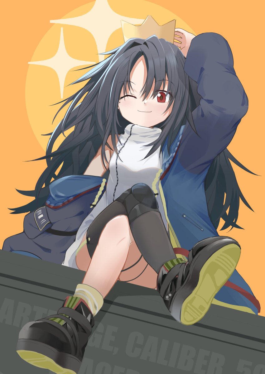 1girl, absurdres, adjusting_clothes, adjusting_headwear, ammunition_box, asymmetrical_legwear, black_hair, black_shoes