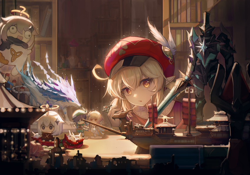 47erba, absurdres, andrius_(genshin_impact), backlighting, black_serpent_knight_(genshin_impact), blurry, bookshelf, brown_scarf, character_balloon, character_doll, clover_print, coat, depth_of_field, diorama, doll, genshin_impact, hat, hat_feather, hat_ornament, highres, indoors, jumpy_dumpty, klee_(genshin_impact), light_brown_hair, lumine_(genshin_impact), newsboy_cap, orange_eyes, paimon_(genshin_impact), parted_lips, pointy_ears, red_coat, red_hat, scarf, venti_(genshin_impact), wolf