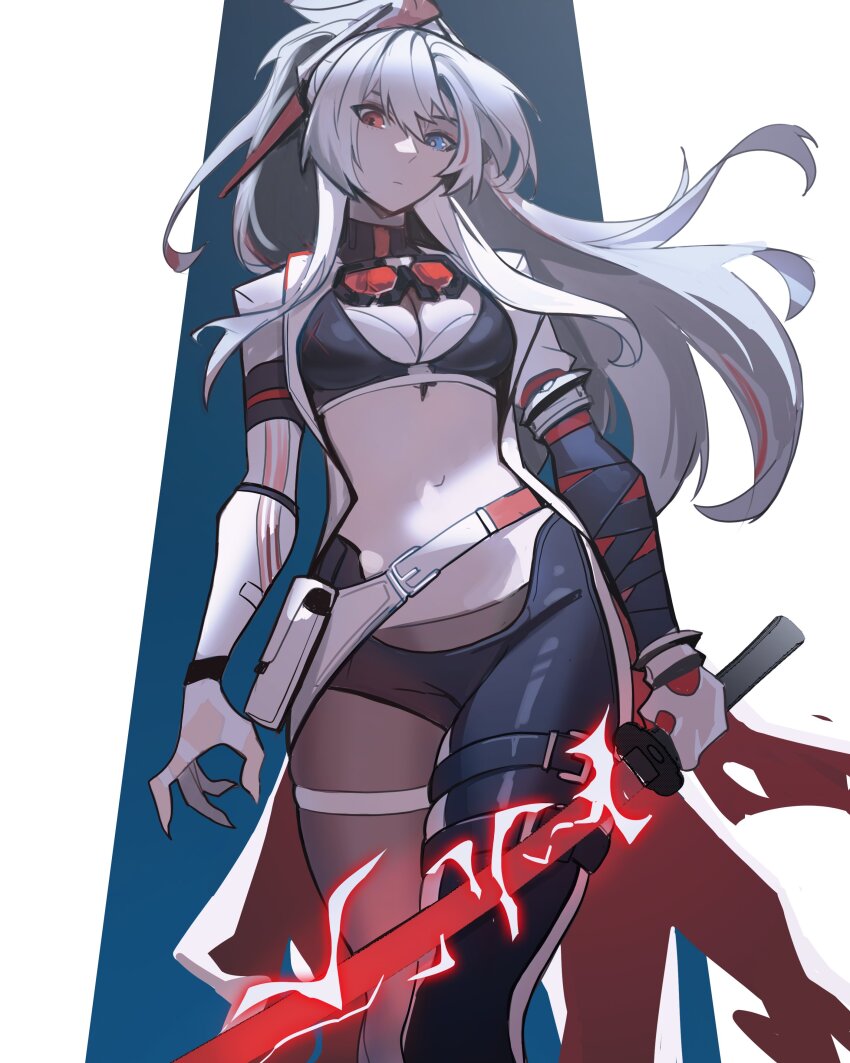 1girl, absurdres, alpha_(pgr), asymmetrical_legwear, blue_eyes, breasts, commentary, distr