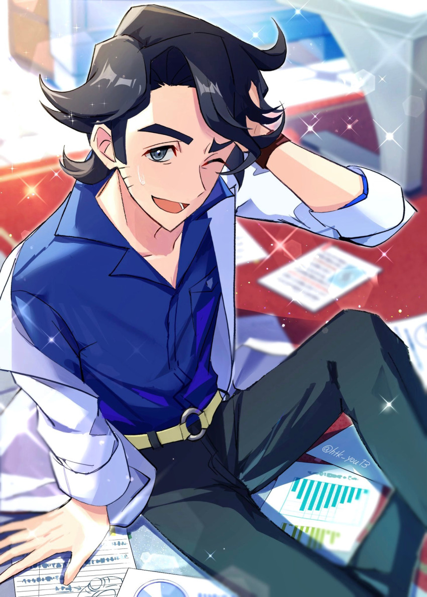 1boy, ;d, arm_support, professor_sycamore, belt, black_hair, blurry, collarbone