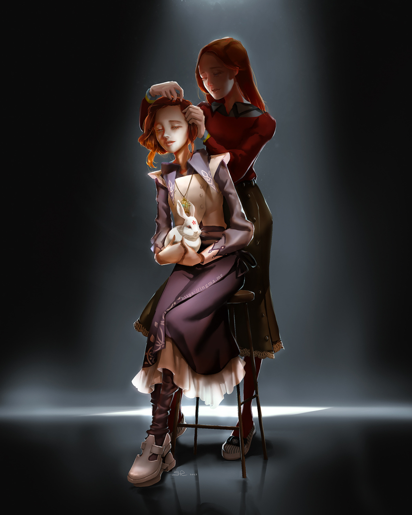 2girls, animal, black_background, closed_eyes, dated, diana_(kyokugen_dasshutsu), grey_background, highres