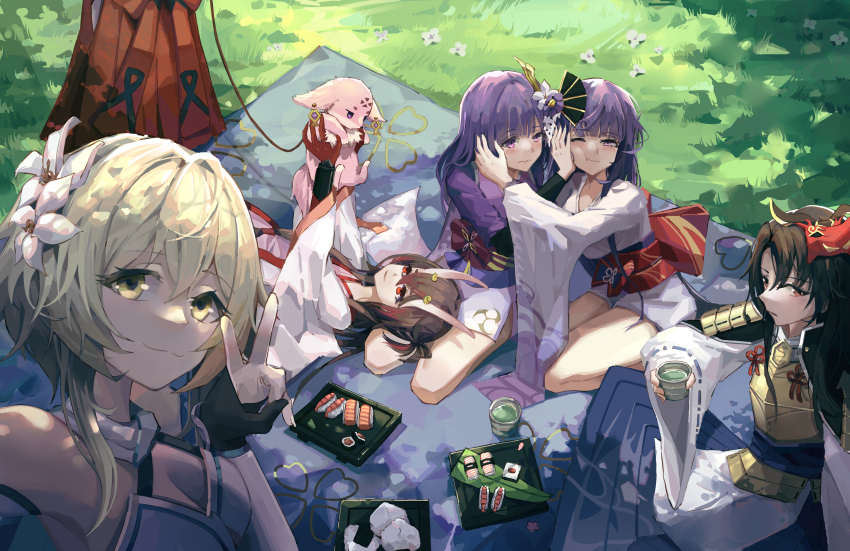 1boy, 47erba, 5girls, absurdres, animalization, armpits, bento, black_hair