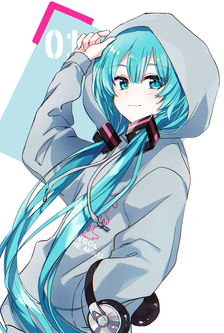 1girl, aqua_eyes, aqua_hair, arm_up, blush, drawstring, grey_hoodie, hand_in_pocket, hatsune_miku, headphones, headphones_removed, highres, hood, hood_up, hoodie, long_hair, long_sleeves, looking_at_viewer, low_twintails, ozblpnt, solo, twintails, upper_body, vocaloid