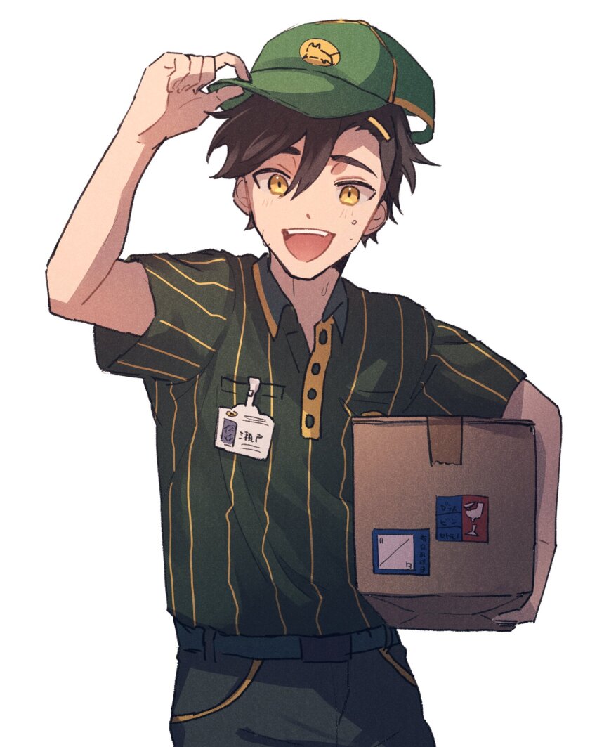 1boy, :d, adjusting_clothes, adjusting_headwear, baseball_cap, belt, black_hair, box