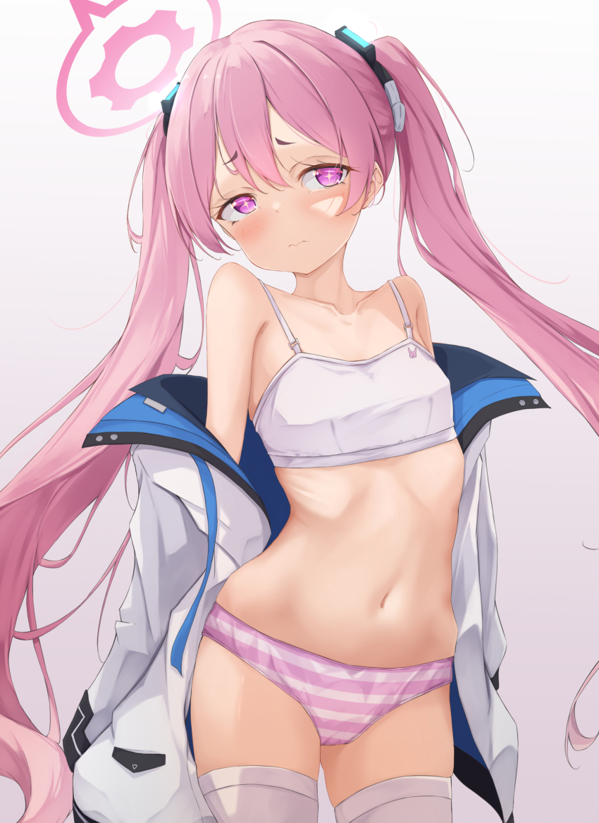 +_+, 1girl, animal_print, bare_shoulders, blue_archive, blush, bra, coat, collarbone, commentary, cowboy_shot, gradient_background, haamon_(harmon), hair_between_eyes, hair_ornament, halo, highres, koyuki_(blue_archive), loli, long_hair, navel, open_clothes, open_coat, panties, pink_eyes, pink_hair, rabbit_print, sidelocks, solo, stomach, striped_clothes, striped_panties, thighhighs, twintails, underwear, undressing, very_long_hair, wavy_mouth, white_bra, white_coat, white_thighhighs