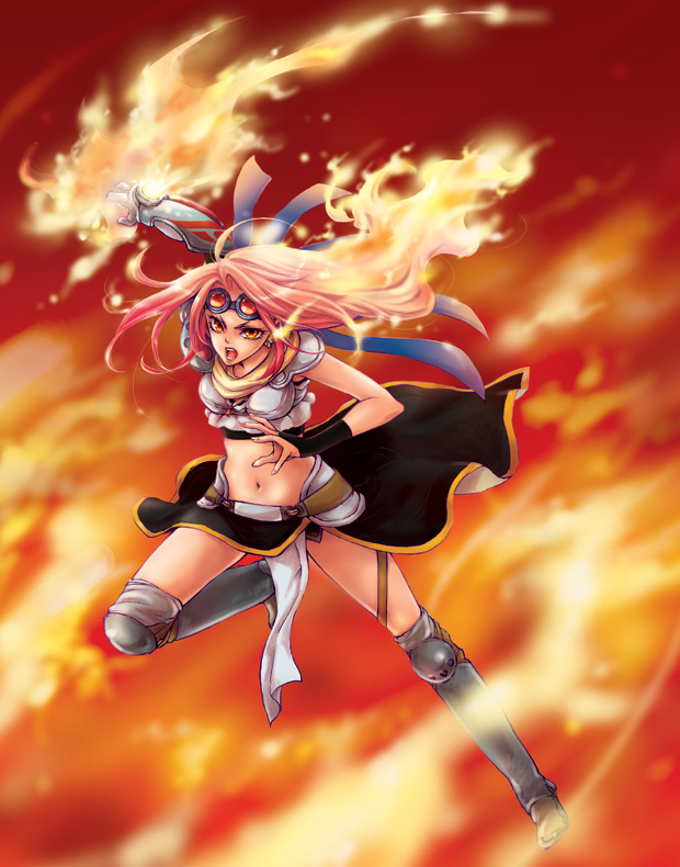 1girl, angry, armor, bikini_armor, boots, chandra_nalaar, female_focus, fingerless_gloves, fire, gloves, goggles, legs, long_hair, magic, magic:_the_gathering, midriff, official_art, red_eyes, red_hair, scarf, solo, yoshino_himori