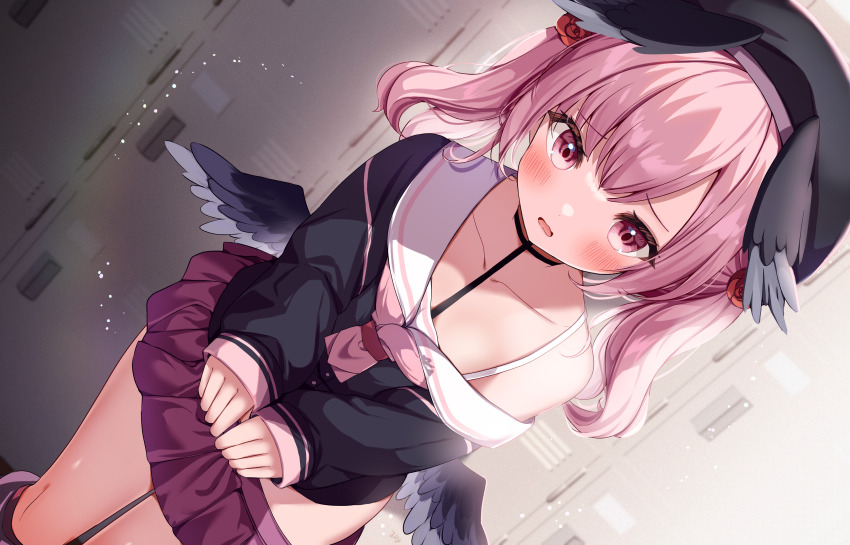 1girl, absurdres, beret, black_hat, black_serafuku, black_wings, blue_archive, blush