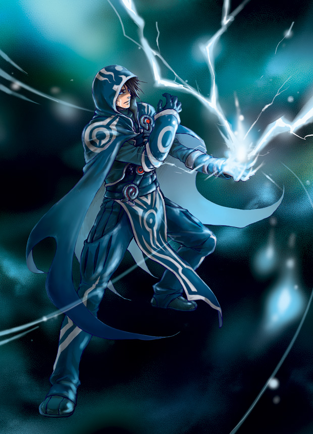 1boy, black_hair, blue_eyes, coat, gloves, hood, jace_beleren, lightning, magic, magic:_the_gathering, male_focus, official_art, sash, short_hair, solo, yoshino_himori