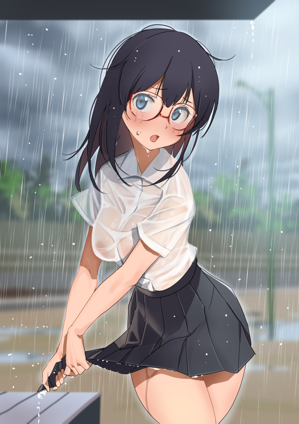 1girl, :o, averting_eyes, bench, black_hair, black_skirt, blue_eyes, blurry