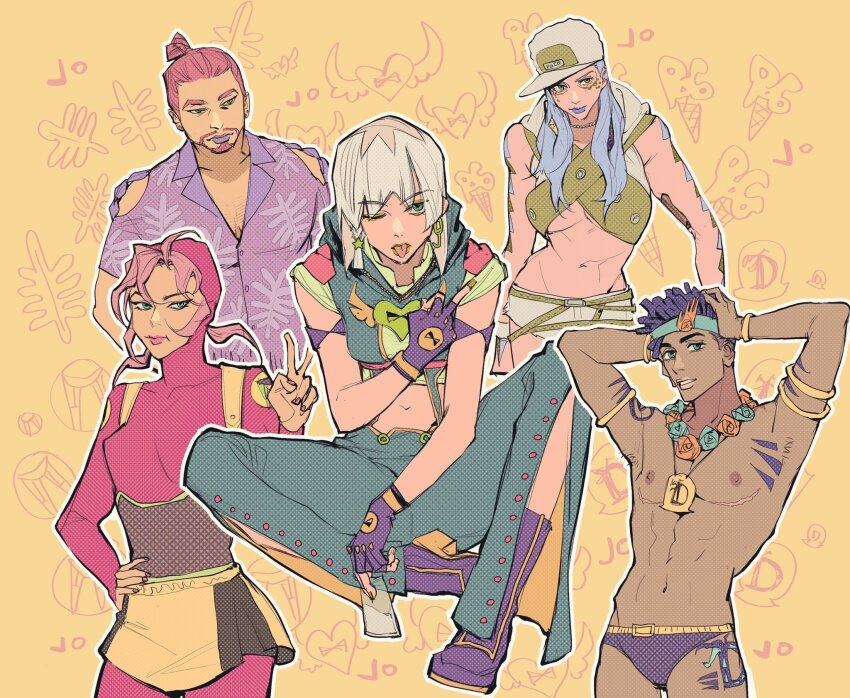 1boy, 4girls, abs, arm_tattoo, armlet, baseball_cap, beard, blue_eyes, bodysuit, bracelet, braid, breasts, dark-skinned_male, dark_skin, dragona_joestar, dreadlocks, earrings, facial_hair, fingerless_gloves, genderswap, genderswap_(mtf), gloves, hat, hawaiian_shirt, headband, highres, hood, hoodie, jewelry, jodio_joestar, jojo_no_kimyou_na_bouken, leg_up, male_swimwear, mastectomy_scar, medium_breasts, meryl_may_qi, midriff, multiple_girls, mustache, one_eye_closed, paco_laburantes, pink_hair, purple_male_swimwear, purple_swim_briefs, scar, scar_on_chest, shirt, side_braid, sleeveless, sleeveless_hoodie, suspenders, swim_briefs, swimsuit, tattoo, the_jojolands, tongue, tongue_out, topknot, torheb, underboob, usagi_aloha'oe, v, white_hair