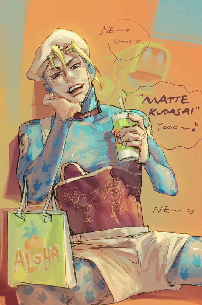 1boy, animal_print, bag, blonde_hair, corset, hat, head_rest, jojo_no_kimyou_na_bouken, looking_at_viewer, male_focus, name_connection, pantyhose, pantyhose_under_shorts, rabbit_print, shorts, silhouette, sitting, solo, stand_(jojo), the_jojolands, the_matte_kudasai, torheb, tote_bag, usagi_aloha'oe