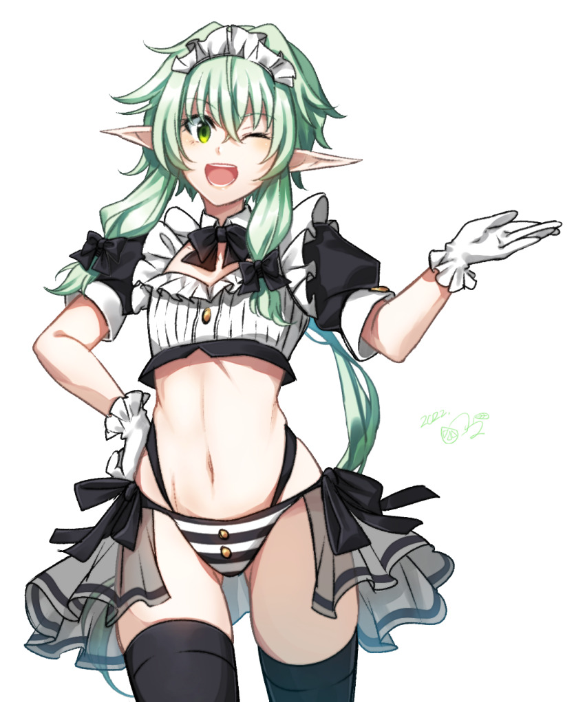 1girl, :d, alternate_costume, bikini, bikini_bottom_only, black_bikini, black_bow, black_bowtie, black_thighhighs, bow, bowtie, cowboy_shot, crop_top, dated, detached_collar, elf, frilled_bikini, frilled_gloves, frills, gloves, goblin_slayer!, green_eyes, green_hair, hair_bow, high_elf_archer_(goblin_slayer!), highleg, highleg_bikini, highres, kankitukou, looking_at_viewer, maid, maid_headdress, midriff, one_eye_closed, open_mouth, pointy_ears, puffy_short_sleeves, puffy_sleeves, short_sleeves, showgirl_skirt, simple_background, smile, solo, striped_bikini, striped_clothes, swimsuit, thighhighs, white_background, white_bikini, white_gloves