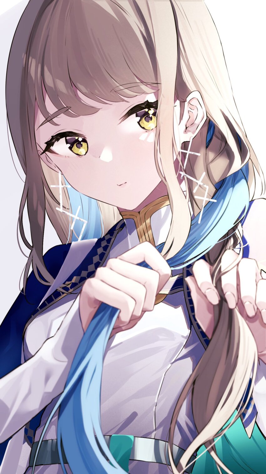 1girl, blue_cape, blue_hair, braiding_hair, brown_hair, cape, cross, cross_earrings