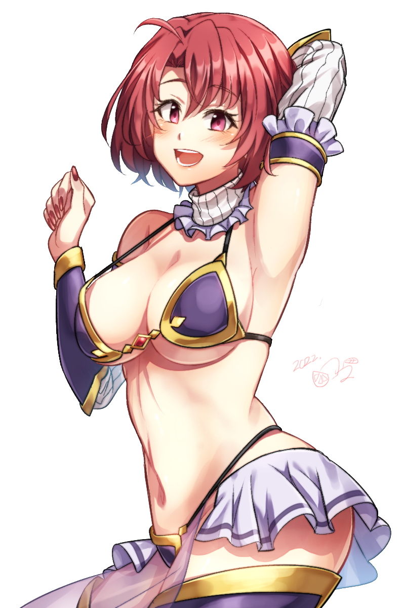 1girl, :d, alternate_costume, arm_up, armor, bikini, bikini_armor, blush