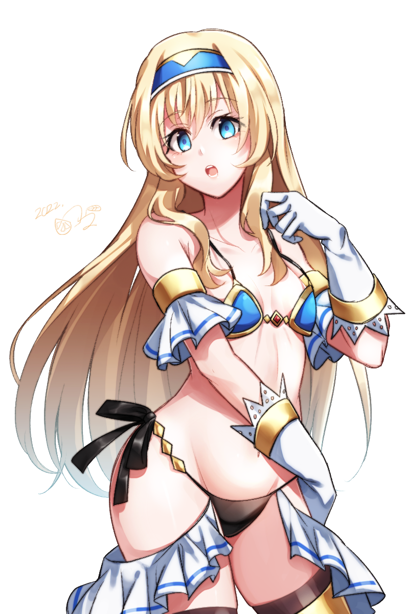 1girl, alternate_costume, armor, bikini, bikini_armor, blonde_hair, blue_eyes, breasts, commentary, cowboy_shot, dated, gloves, goblin_slayer!, headpiece, highres, kankitukou, long_hair, looking_at_viewer, open_mouth, priestess_(goblin_slayer!), side-tie_bikini_bottom, simple_background, small_breasts, solo, swimsuit, white_background, white_gloves