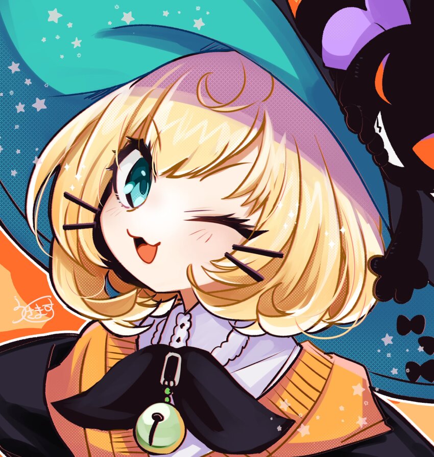 1girl, :3, absurdres, bell, black_bow, black_cat, blonde_hair, blue_eyes