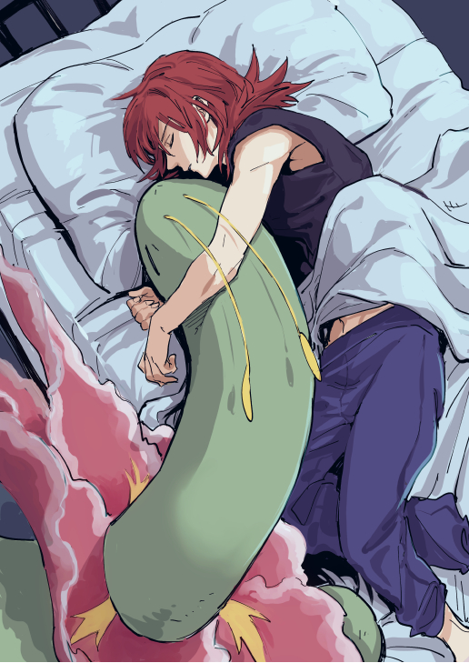 1boy, alternate_costume, closed_eyes, commentary_request, cowlick, from_above, gen_2_pokemon, head_on_pillow