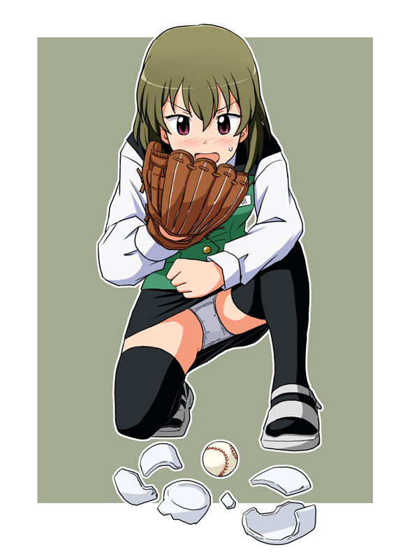 1girl, ball, baseball, baseball_(object), baseball_glove, black_skirt, black_thighhighs, blush