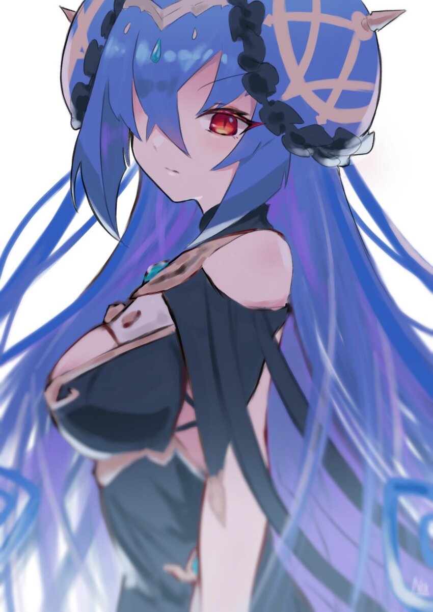 1girl, bare_shoulders, black_dress, blue_hair, breasts, charlotte00802, dragalia_lost, dress