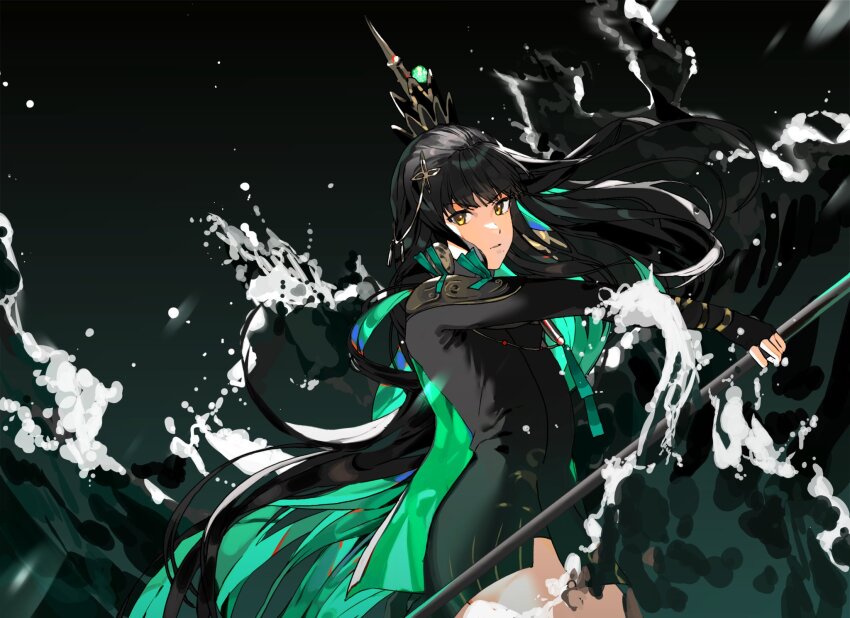 1girl, black_background, black_dress, black_hair, brown_eyes, chinese_clothes, dress, expressionless