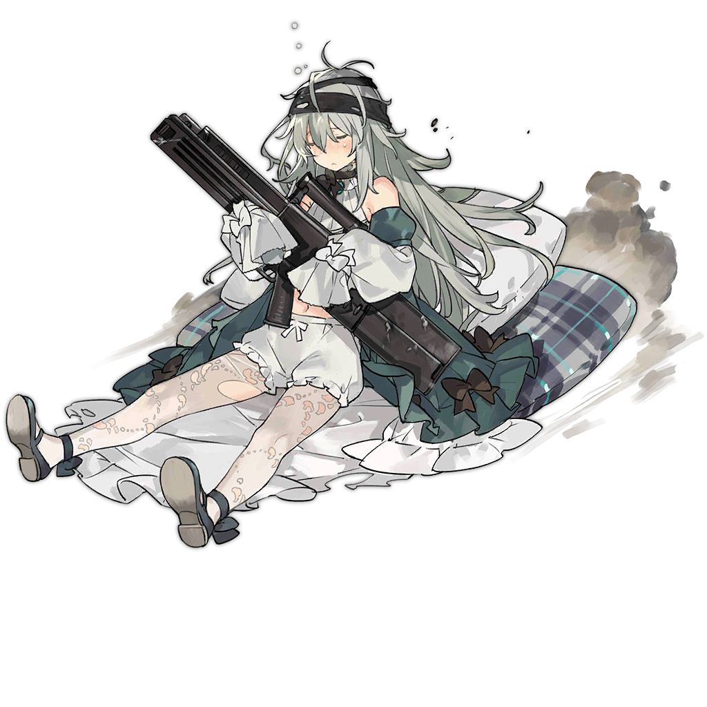 1girl, :<, ankle_ribbon, antenna_hair, assault_rifle, black_bow, black_bowtie, black_headband