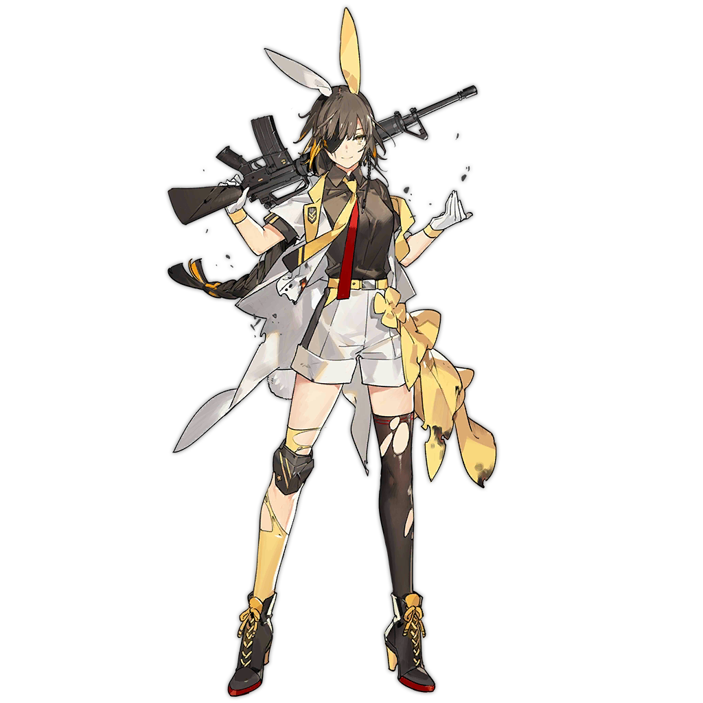 1girl, animal_ears, assault_rifle, asymmetrical_legwear, black_boots, black_hair, black_shirt, black_thighhighs